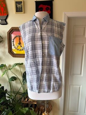 Cotton Express Light Blue Plaid Sleeveless Button-Up
